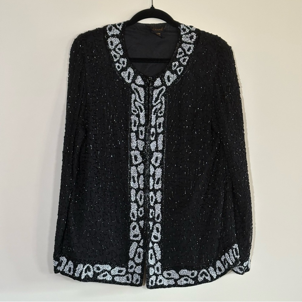 Landmark 100% Silk Hand-Beaded Evening Jacket – Black & White Medium/Large